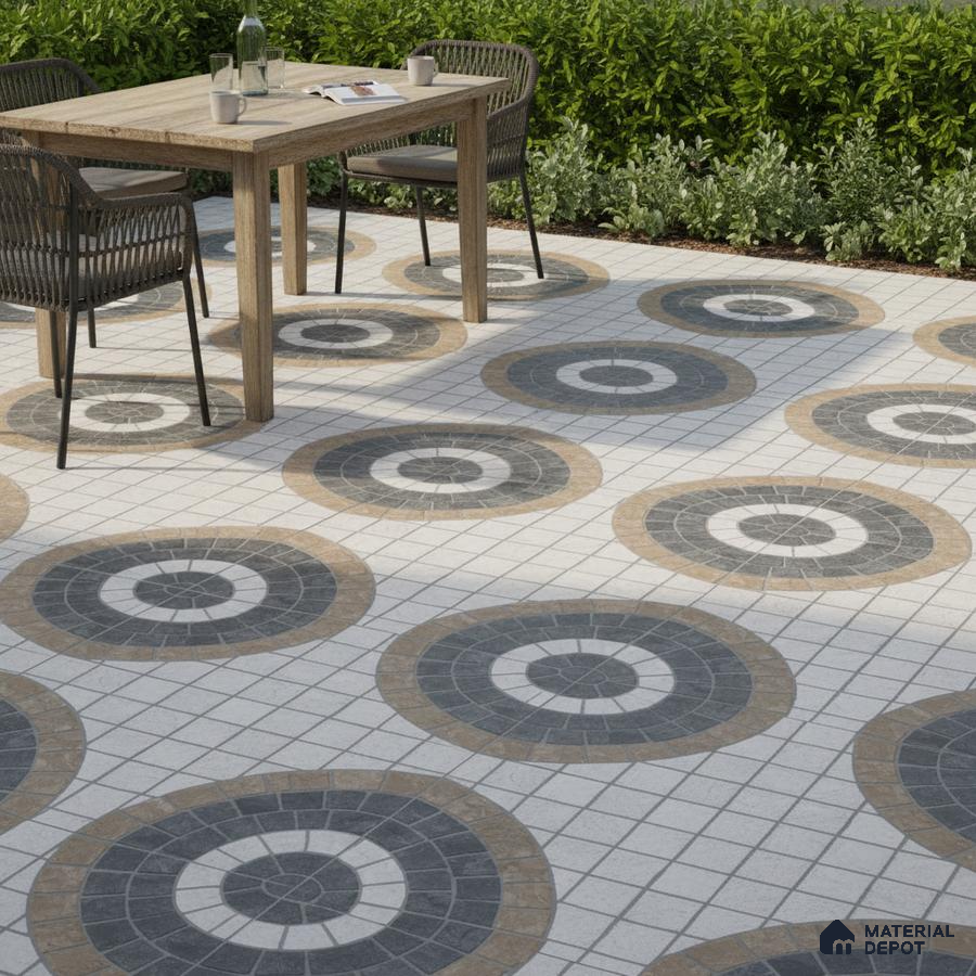 Modern outdoor space with geometric patterned floor tiles and wooden dining set