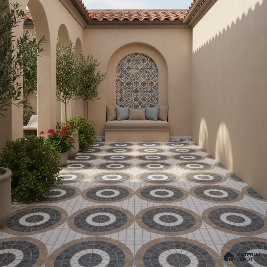 Mediterranean outdoor courtyard with patterned mosaic wall tile and geometric circle floor tiles