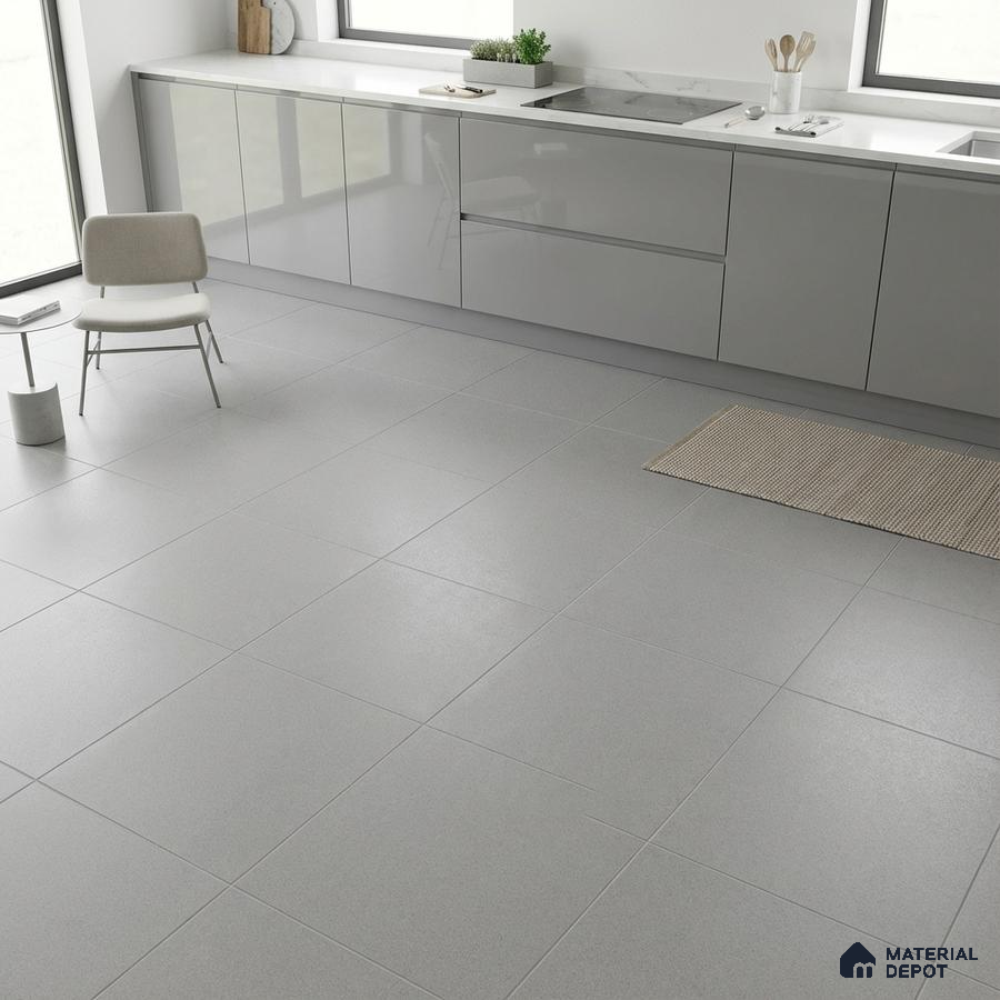 Minimalist kitchen with glossy grey laminate cabinets and large light grey floor tiles