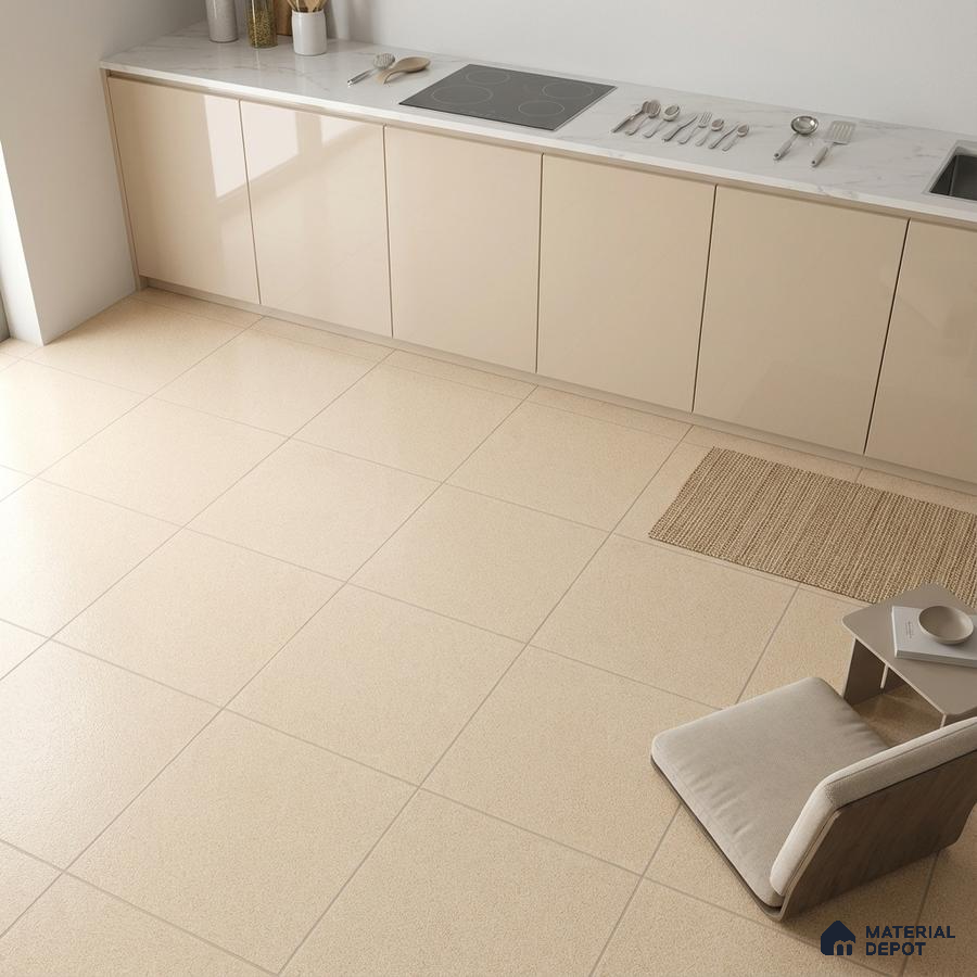 Minimalist kitchen with beige glossy laminate cabinets and cream matte floor tiles