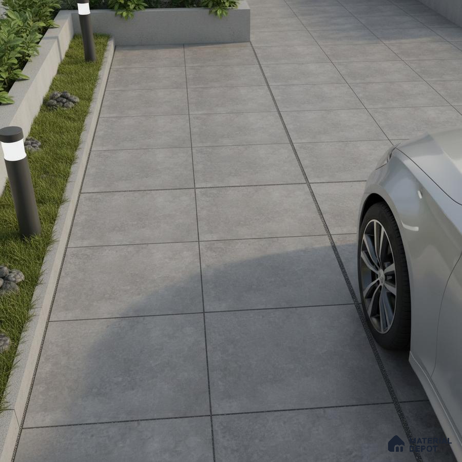 Modern parking area with large format grey stone-look floor tiles