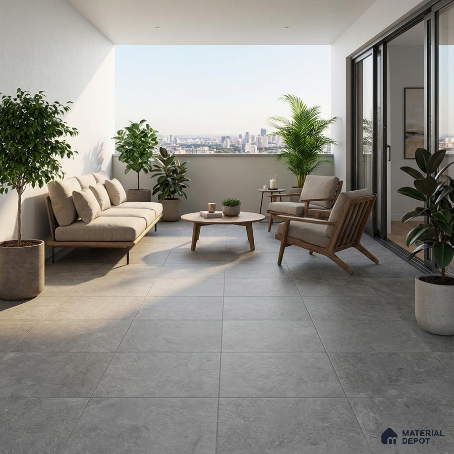 Scandinavian balcony with grey stone floor tiles and natural wood furniture