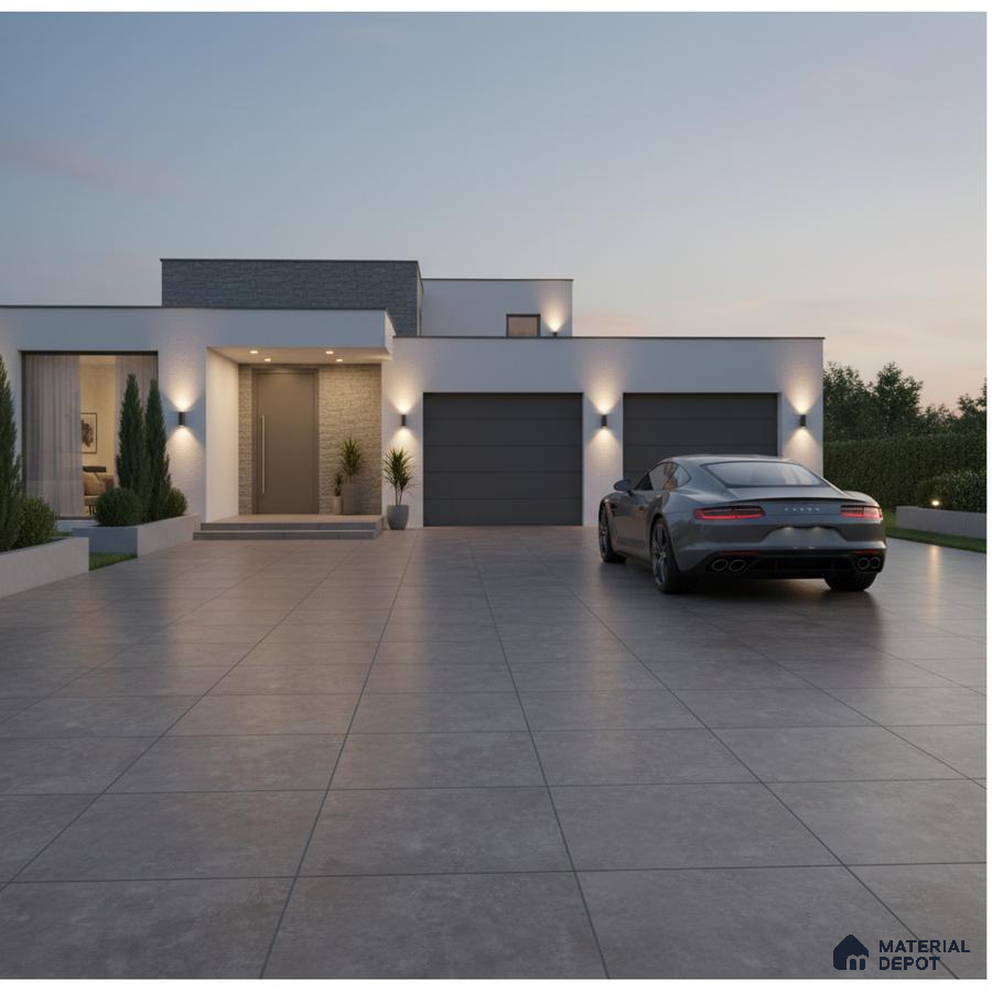 Modern parking with large format grey outdoor tiles and minimalist facade