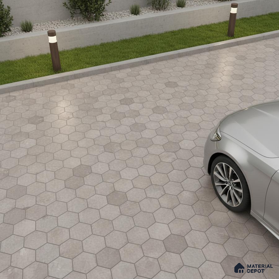 Modern parking with grey hexagonal outdoor floor tiles