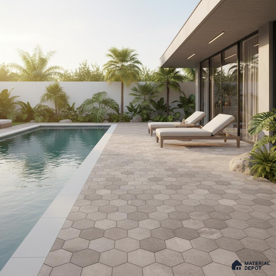 Modern outdoor poolside with beige hexagonal floor tiles and tropical landscaping