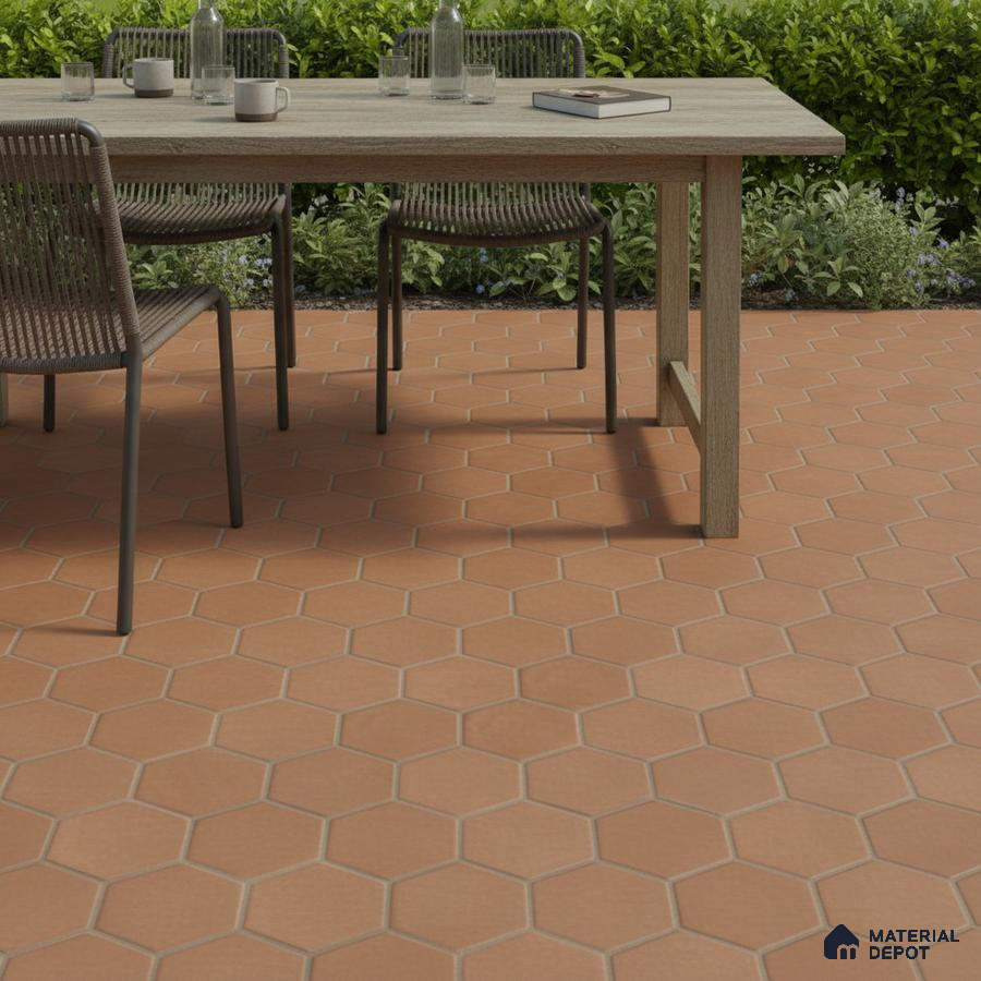 Mediterranean outdoor space with terracotta hexagonal floor tiles and wooden dining table