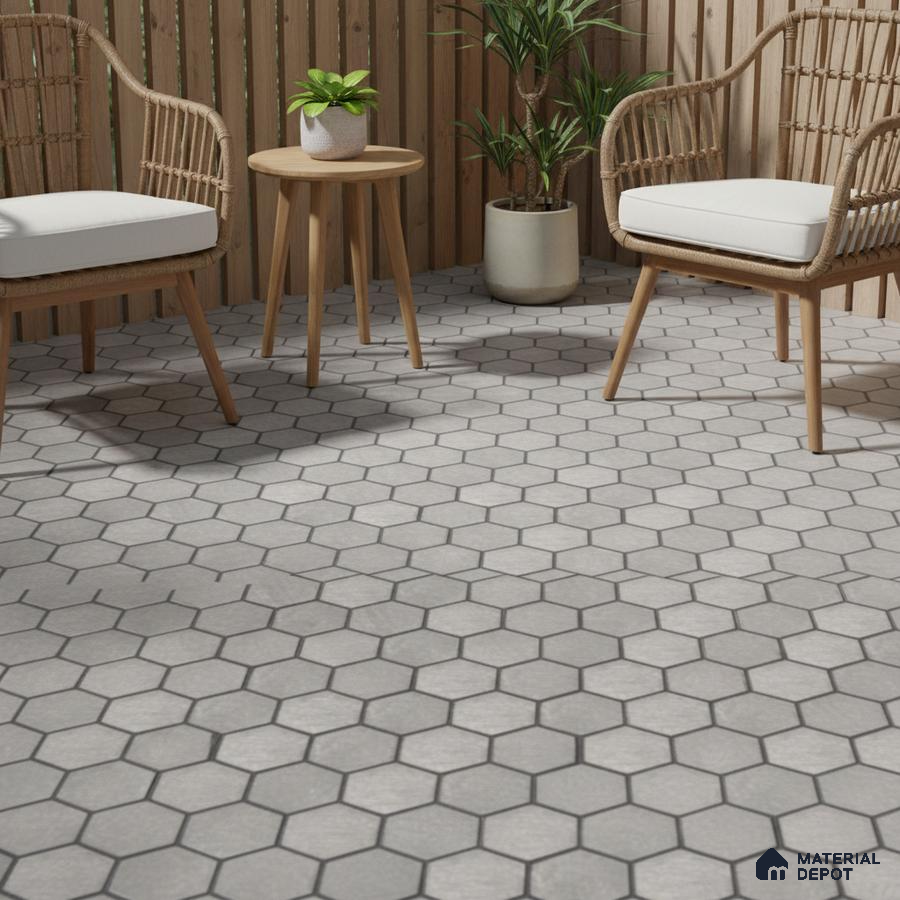 Scandinavian balcony with light grey hexagonal floor tiles and natural wood paneling