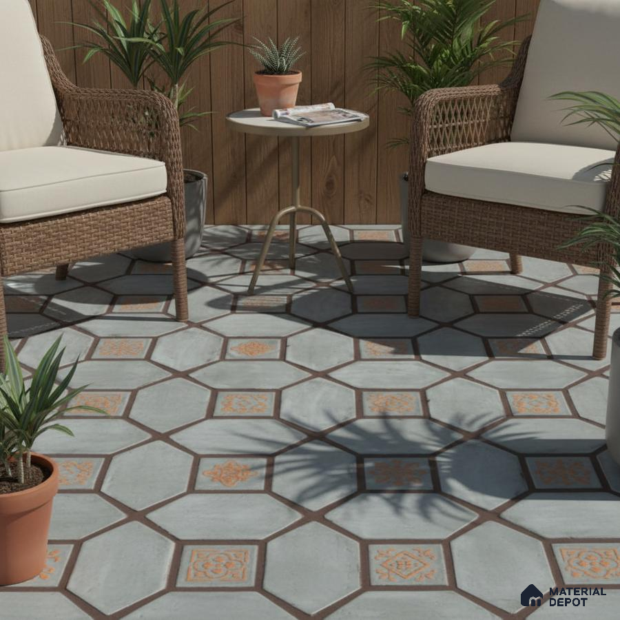 Mediterranean outdoor seating with patterned octagonal floor tiles and wood cladding