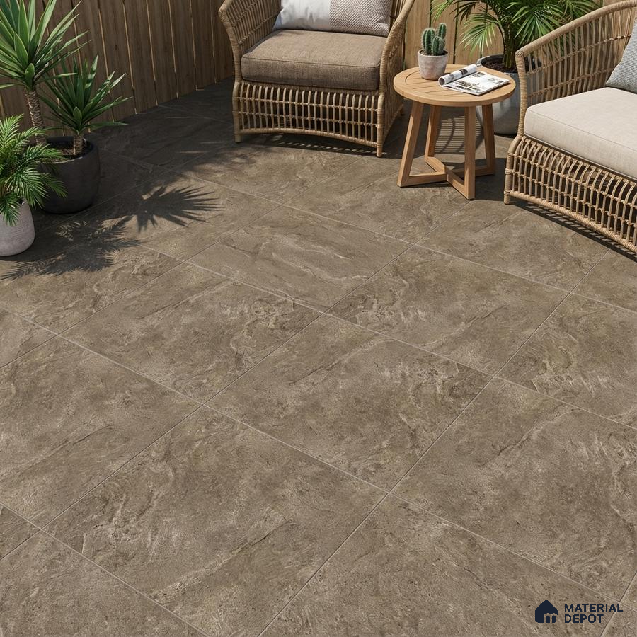 Modern outdoor space with taupe stone-look floor tiles and rattan furniture