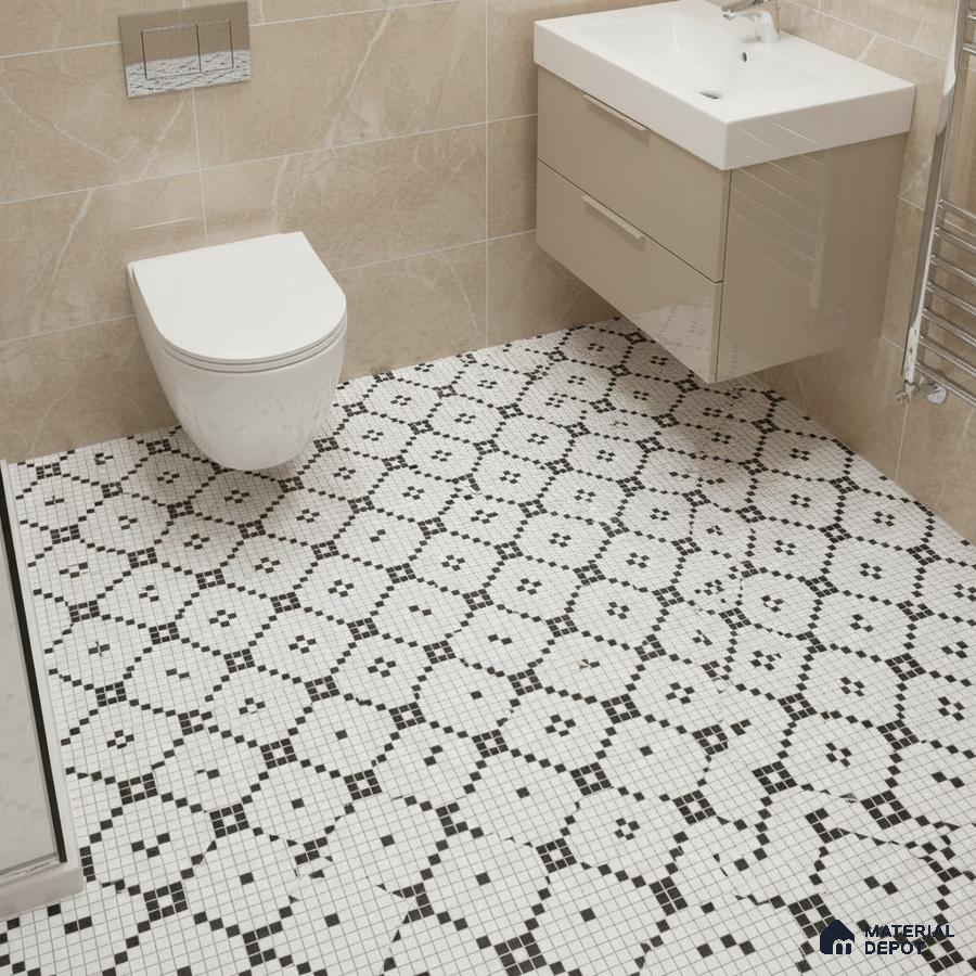 Modern bathroom with beige marble wall tiles and black-and-white geometric mosaic floor tiles