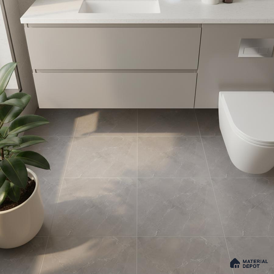 Minimalist bathroom with light grey marble-look floor tiles and frosty white floating vanity