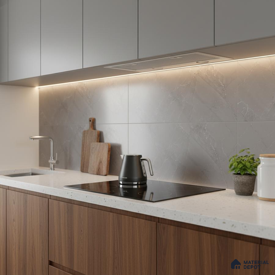 Modern kitchen with walnut wood laminate base cabinets, frosty white quartz countertop, and grey marble-look backsplash tiles