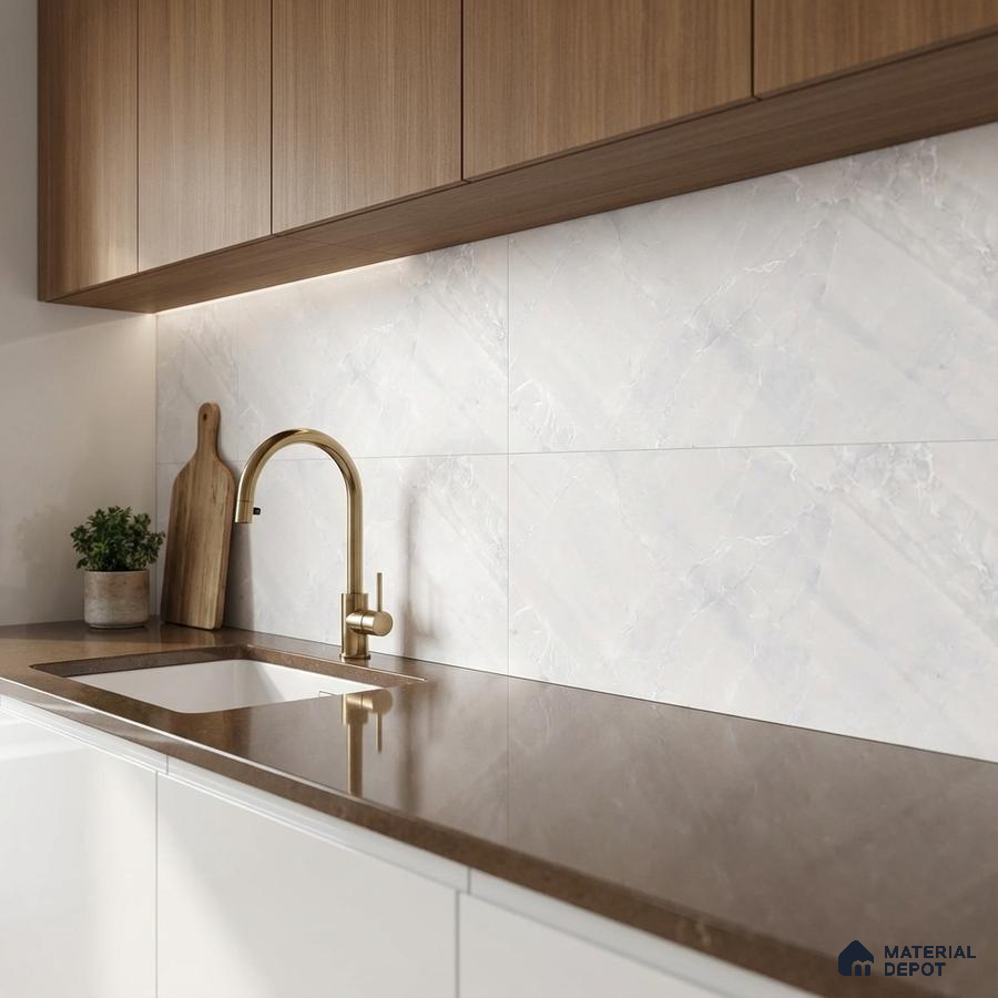 Modern kitchen with walnut wood laminate cabinets, brown quartz countertop, and white marble-look backsplash tiles