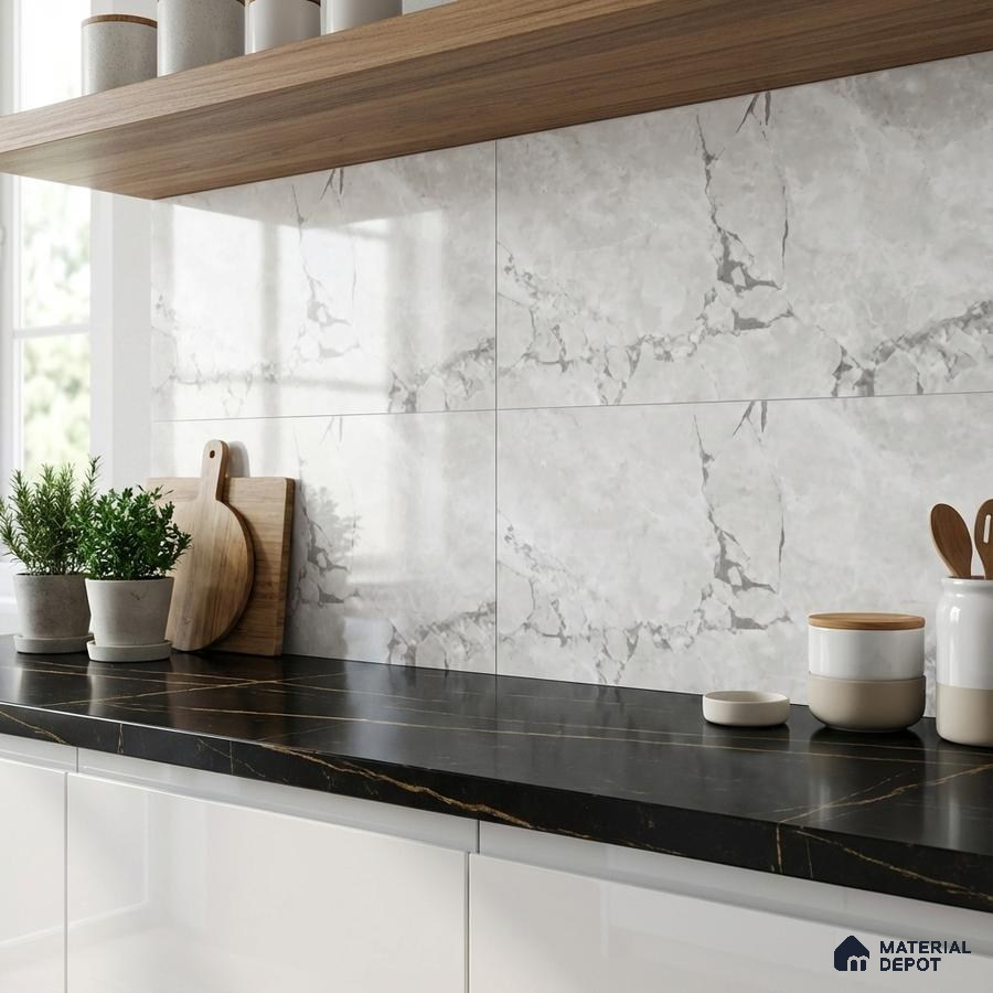 Modern kitchen with white marble-look backsplash tile and black marble countertop