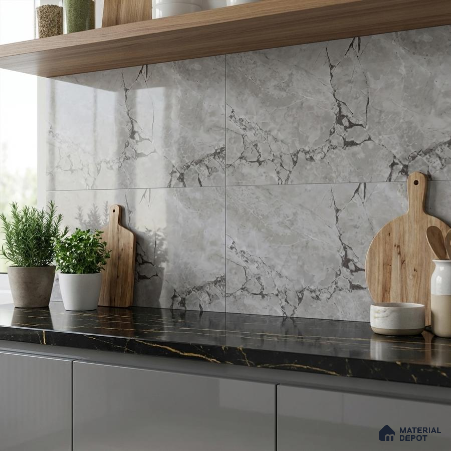 Modern kitchen with grey marble-look backsplash tile and black marble countertop
