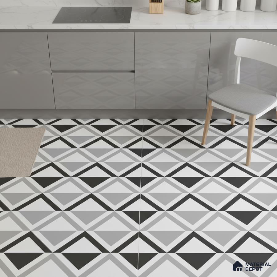 Modern kitchen with grey high gloss laminate cabinets and geometric black-and-white patterned floor tiles