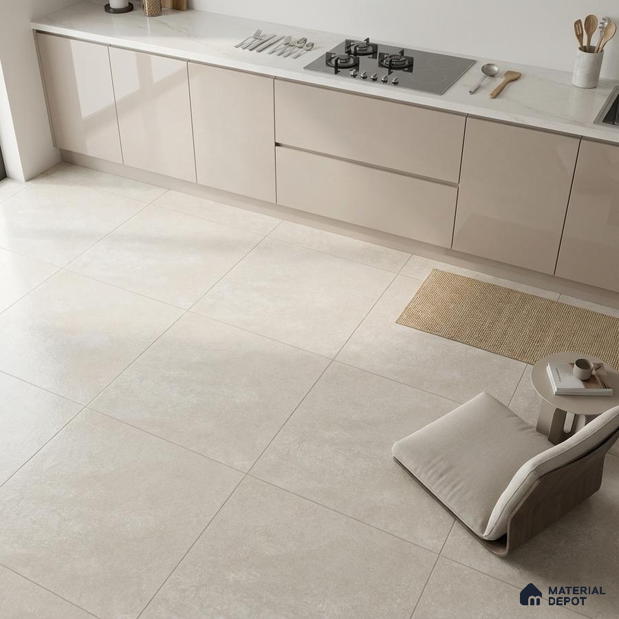 Minimalist kitchen with beige high gloss laminate cabinets and large format light beige stone floor tiles