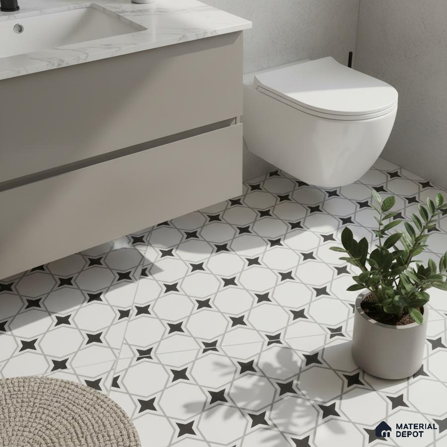 Modern bathroom with geometric black-and-white patterned floor tiles and marble countertop vanity