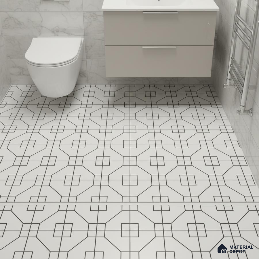 Modern bathroom with marble wall tiles and geometric patterned black-and-white floor tiles