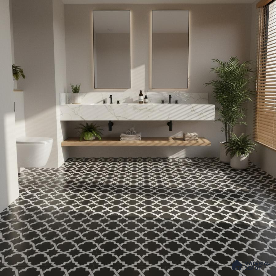 Modern bathroom with marble-look vanity and black-and-white geometric patterned floor tiles
