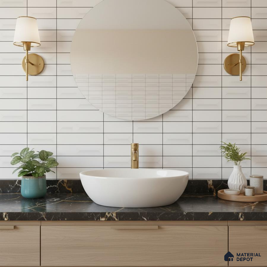 Minimalist kitchen with frosty white laminate cabinets, white marble-look quartz countertop, and 3D white subway backsplash tiles