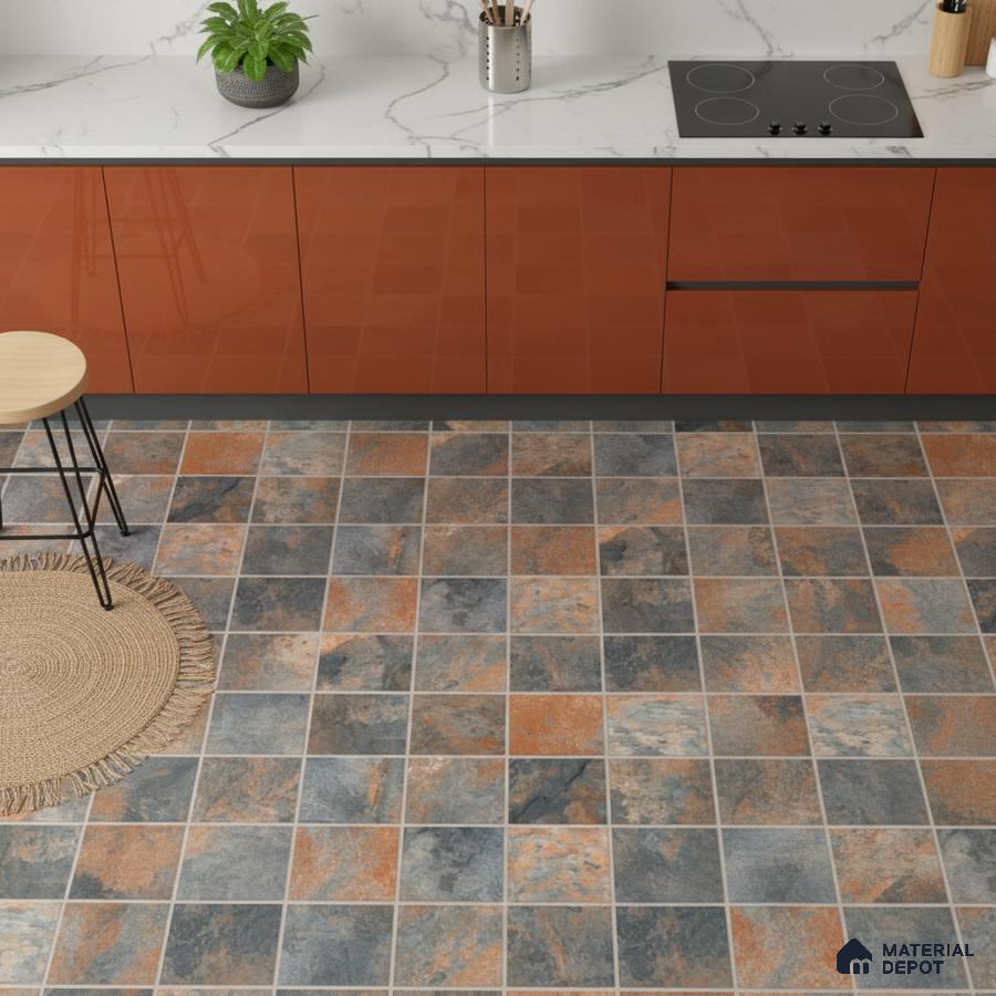 Modern kitchen with rust high gloss laminate cabinets, white marble-look quartz countertop, and blue-grey stone-look floor tiles