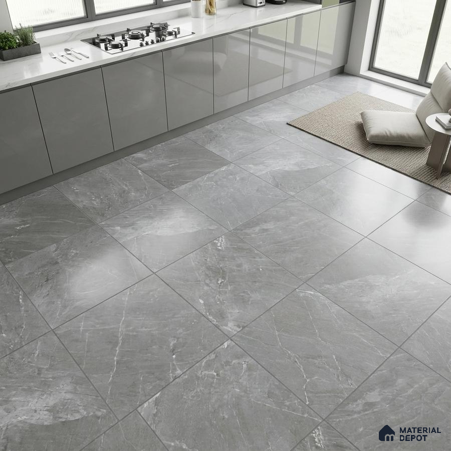 Modern kitchen with glossy grey laminate cabinets and marble-look grey floor tiles
