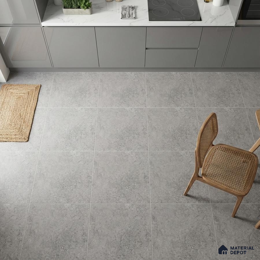 Modern kitchen with grey matte laminate cabinets, white marble-look countertop, and light grey stone floor tiles