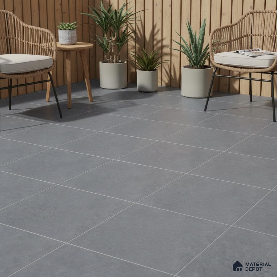 Scandinavian balcony with grey stone-look floor tiles and natural wood vertical louvers