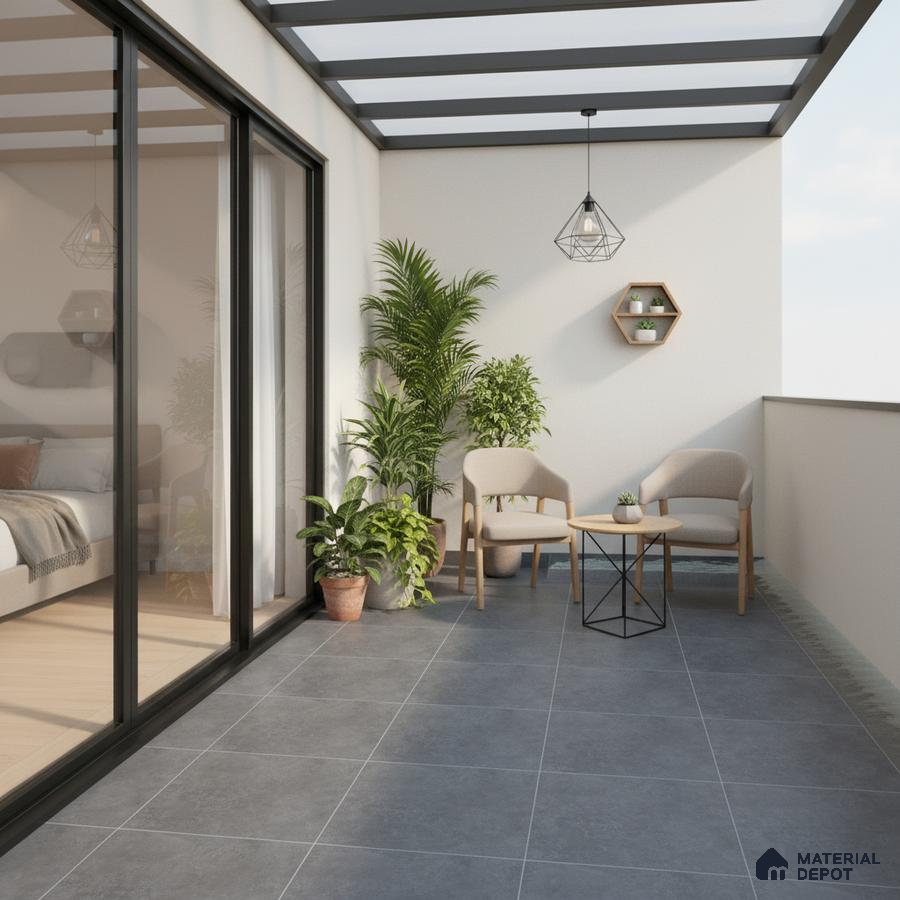 Modern balcony with grey stone floor tiles and minimalist outdoor seating