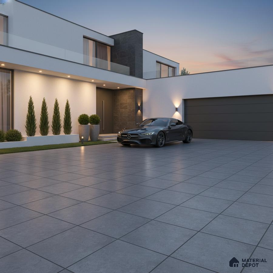 Modern parking with large format grey matte floor tiles and white exterior wall cladding