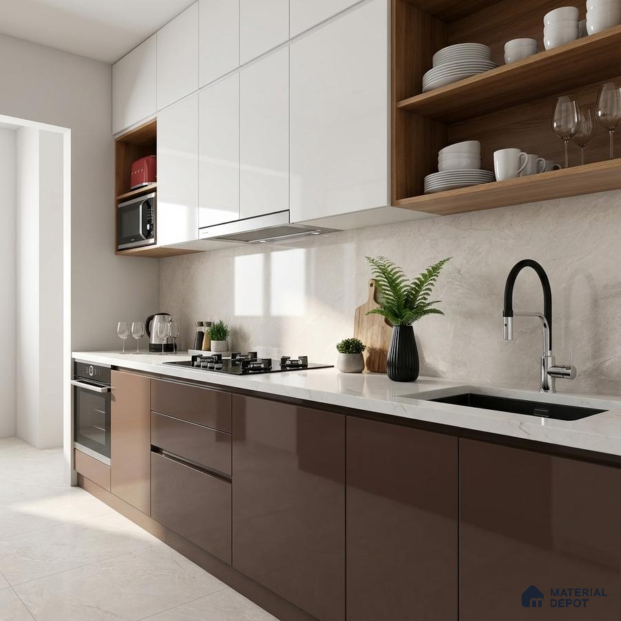 Modern dual tone kitchen with glossy brown and frosty white laminate, white quartz countertop, and beige marble backsplash