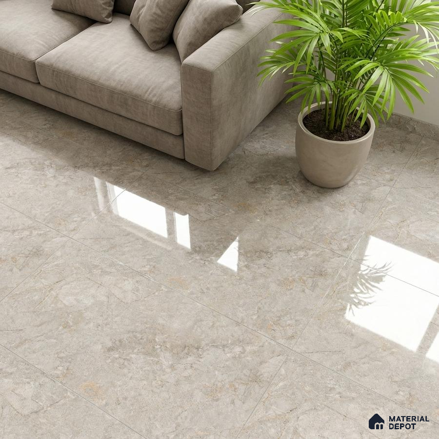 Modern living room with beige marble-look glossy floor tiles and taupe fabric sofa