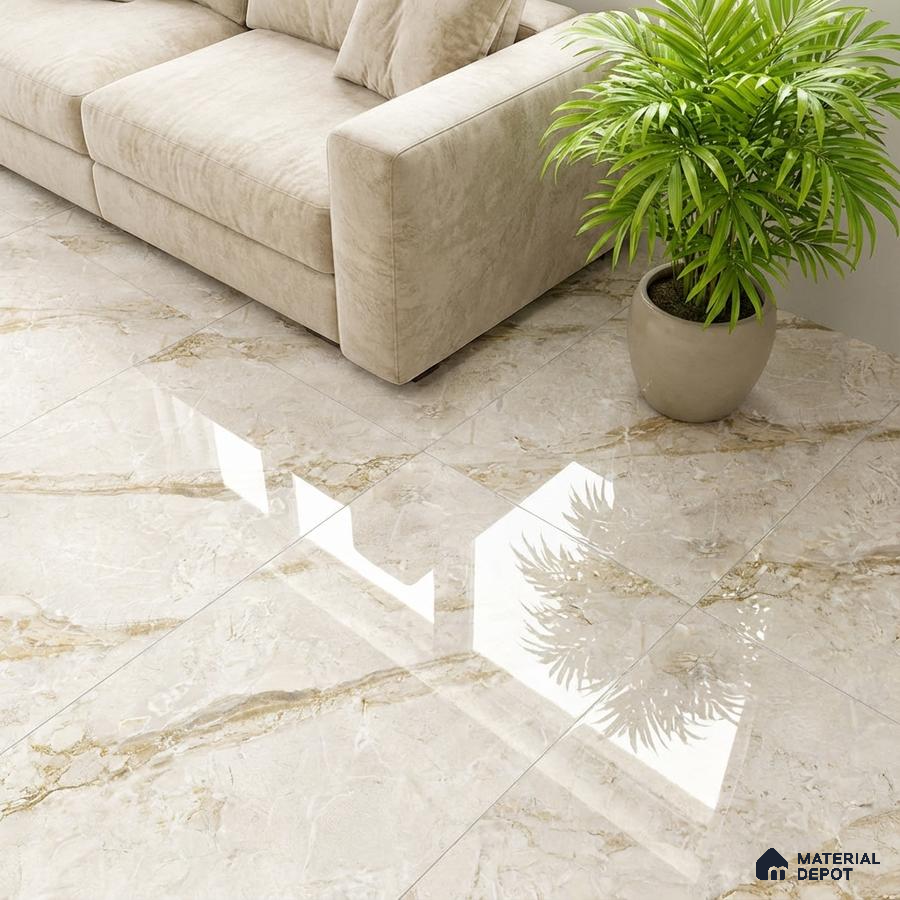 Modern living room with beige marble-look glossy floor tiles and suede upholstered sofa