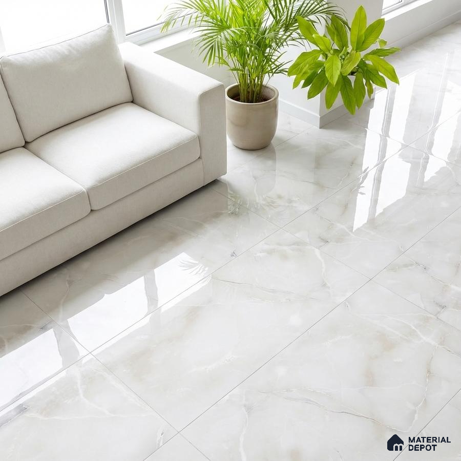 Minimalist living room with glossy white marble-look floor tiles and cream fabric sofa