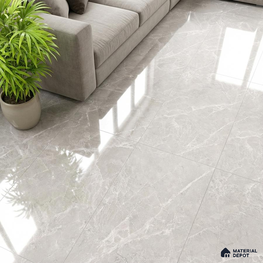 Modern living room with light grey marble-look polished floor tiles