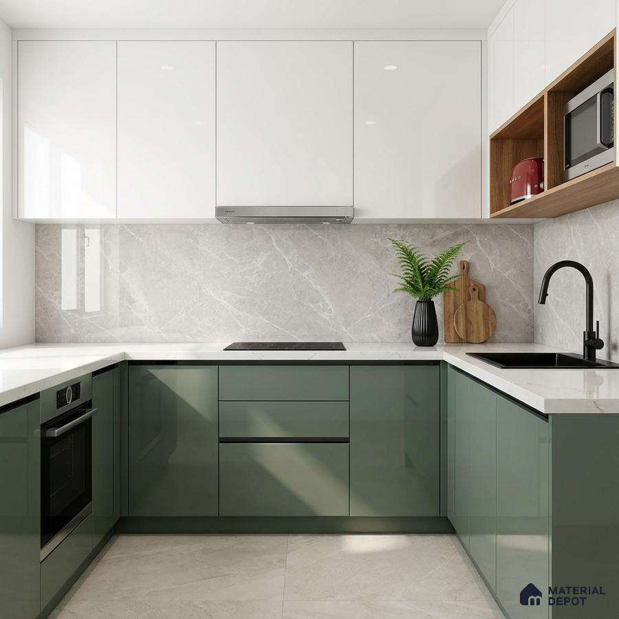 Modern dual tone kitchen with olive green and frosty white laminate, marble-look backsplash, and white quartz countertop