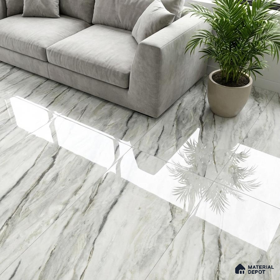 Modern living room with polished marble-look floor tiles and grey suede sofa