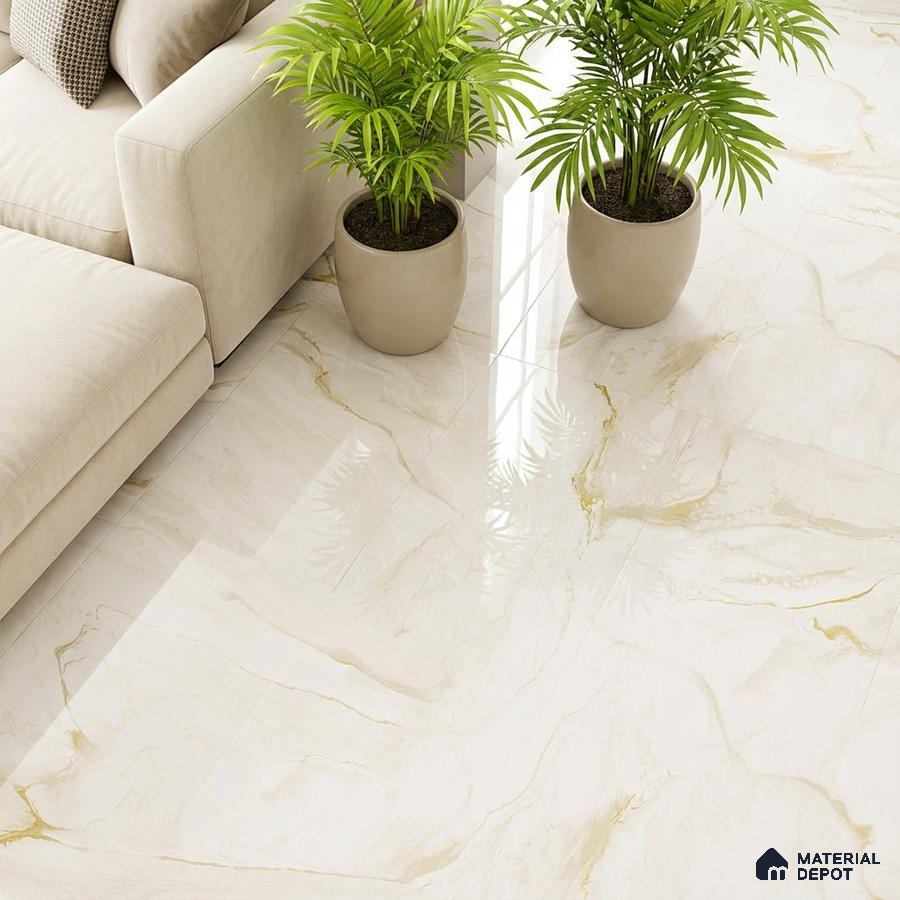 Modern living room with beige sofa and polished white marble-look floor tiles