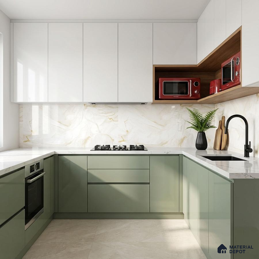 Modern dual tone kitchen with sage green and frosty white laminate, marble-look backsplash, and white quartz countertop