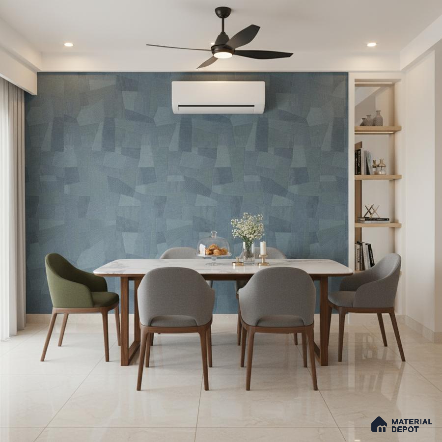 Modern dining room with geometric blue wallpaper, marble top dining table, and beige floor tiles