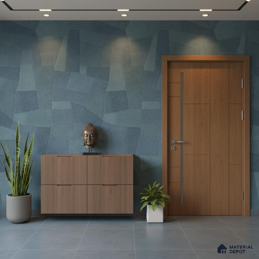 Modern foyer with geometric blue wallpaper, walnut wood laminate console, and grey floor tiles