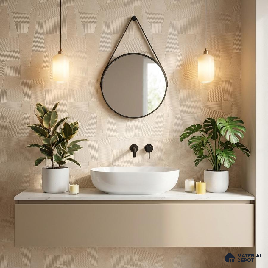 Minimalist bathroom with beige geometric textured wallpaper and floating vanity with white countertop