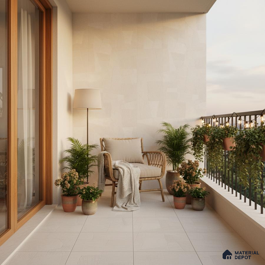Scandinavian balcony with beige textured wall tiles, light ceramic floor tiles, and natural rattan seating