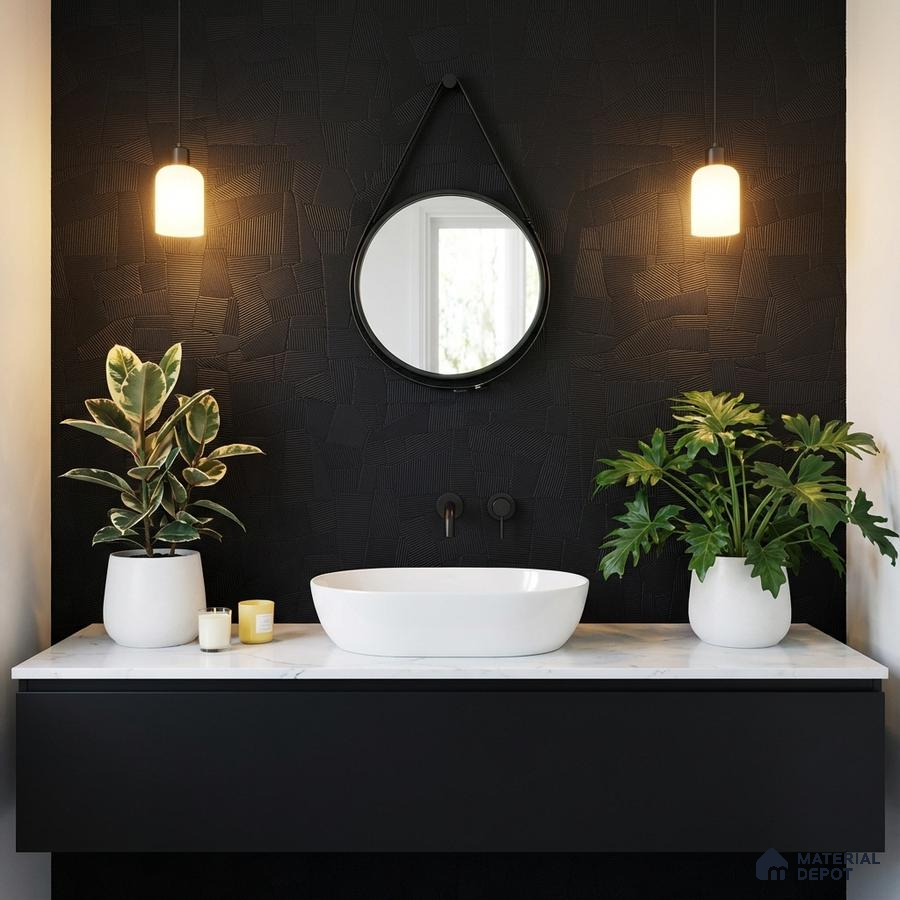 Modern bathroom with black textured wall, white marble countertop, and matte black vanity