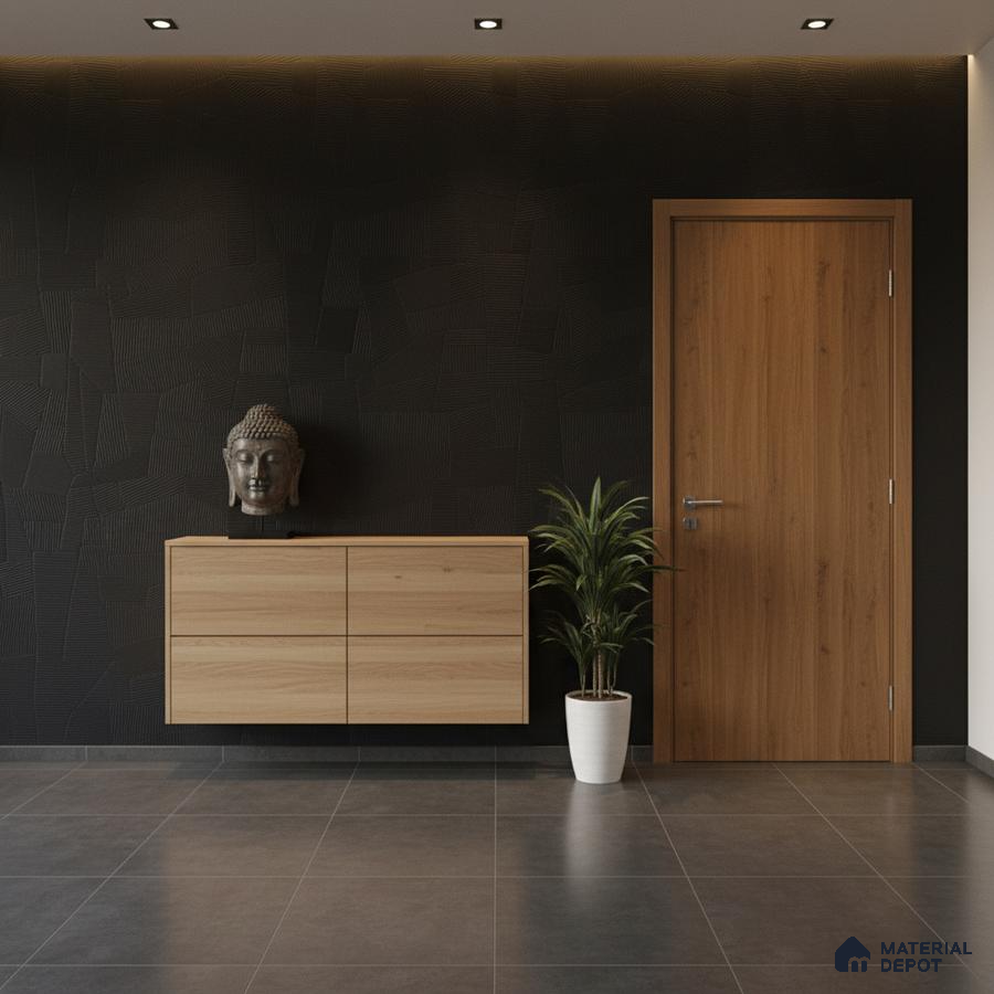Modern foyer with black textured wall, light oak laminate console, and grey floor tiles