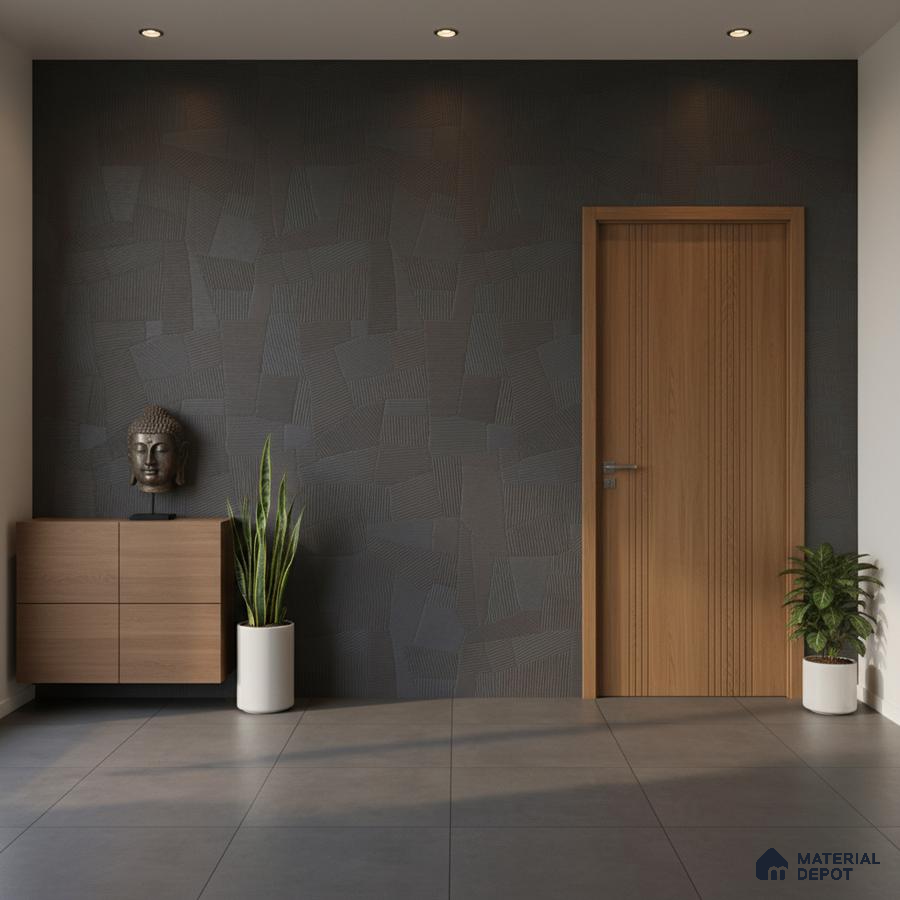 Modern foyer with textured charcoal wall panels, light oak laminate door, and grey floor tiles