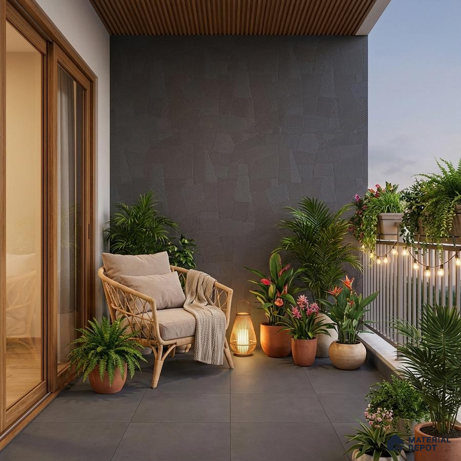 Scandinavian balcony with grey textured wall tile, matte grey floor tile, and natural wood ceiling slats