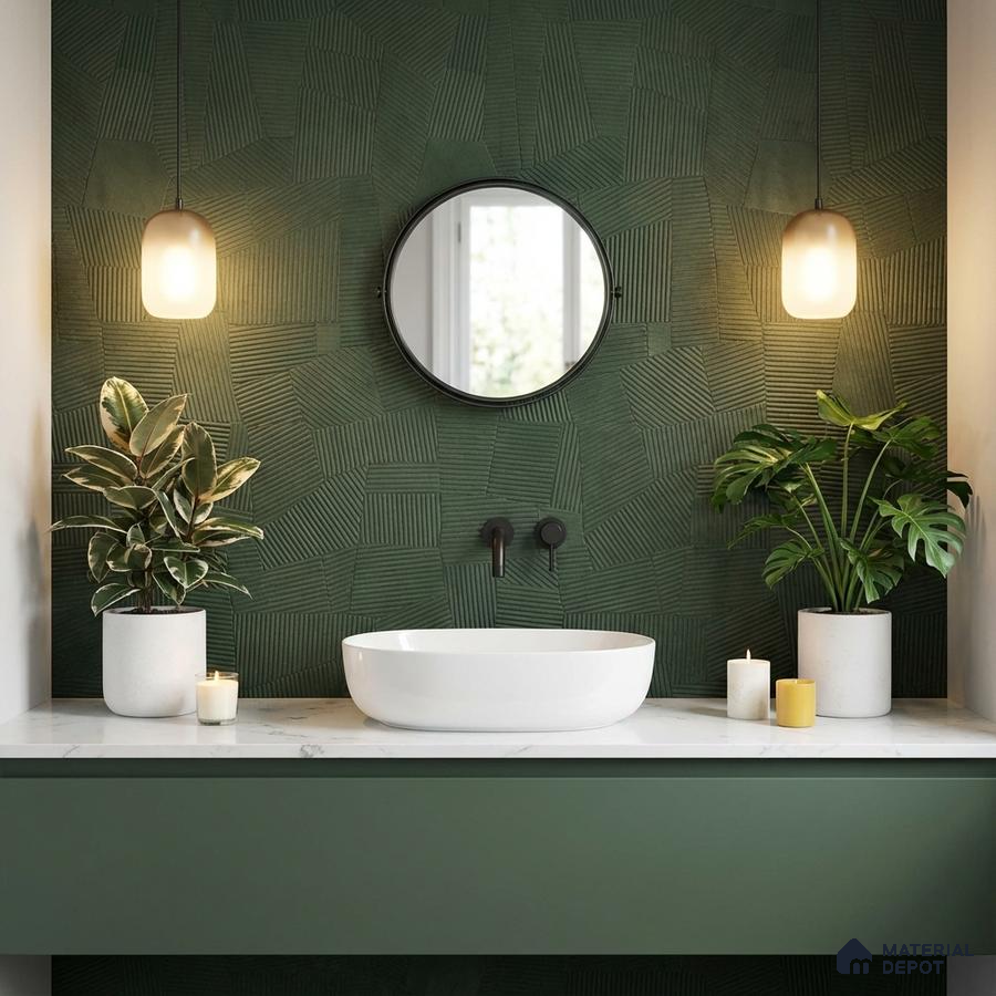 Modern bathroom with textured green geometric wall tile and white marble countertop