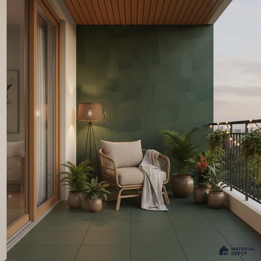 Scandinavian balcony with olive green textured wall tile and matte green floor tile